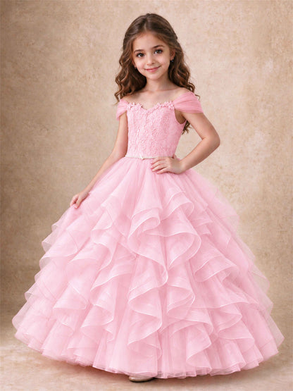 Off Shoulder Ruffle Tulle Girls Pageant Dress Lace Bodice Princess Gown With Pearl Belt