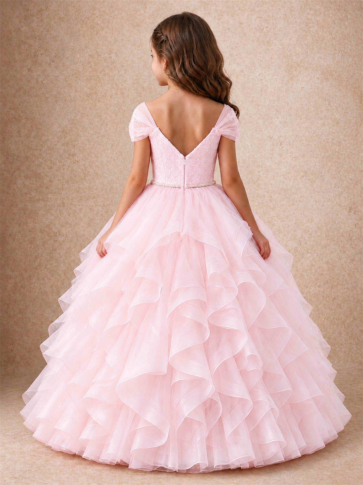 Off Shoulder Ruffle Tulle Girls Pageant Dress Lace Bodice Princess Gown With Pearl Belt