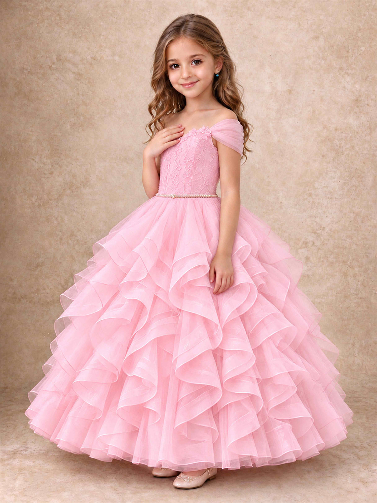 Off Shoulder Ruffle Tulle Girls Pageant Dress Lace Bodice Princess Gown With Pearl Belt