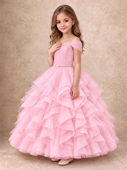 Off Shoulder Ruffle Tulle Girls Pageant Dress Lace Bodice Princess Gown With Pearl Belt