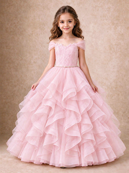 Off Shoulder Ruffle Tulle Girls Pageant Dress Lace Bodice Princess Gown With Pearl Belt