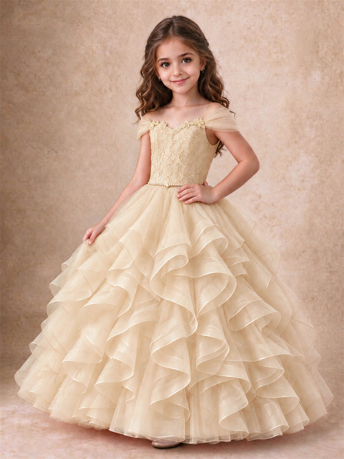 Off Shoulder Ruffle Tulle Girls Pageant Dress Lace Bodice Princess Gown With Pearl Belt
