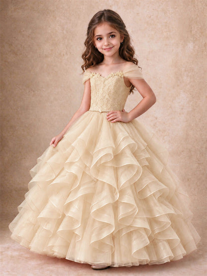Off Shoulder Ruffle Tulle Girls Pageant Dress Lace Bodice Princess Gown With Pearl Belt