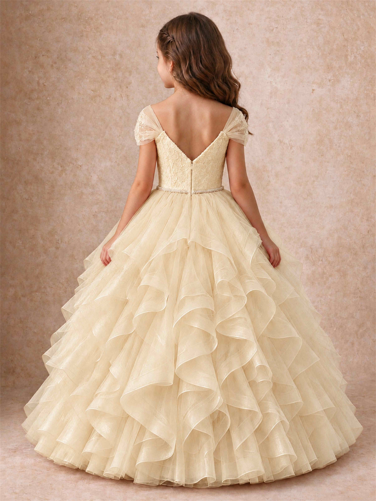 Off Shoulder Ruffle Tulle Girls Pageant Dress Lace Bodice Princess Gown With Pearl Belt