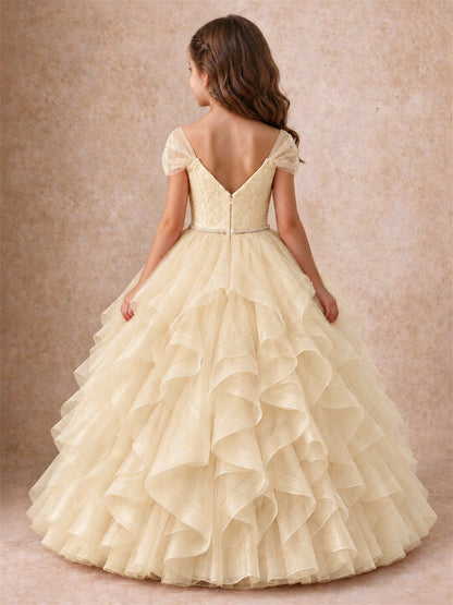Off Shoulder Ruffle Tulle Girls Pageant Dress Lace Bodice Princess Gown With Pearl Belt