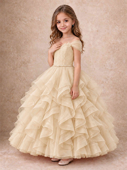 Off Shoulder Ruffle Tulle Girls Pageant Dress Lace Bodice Princess Gown With Pearl Belt