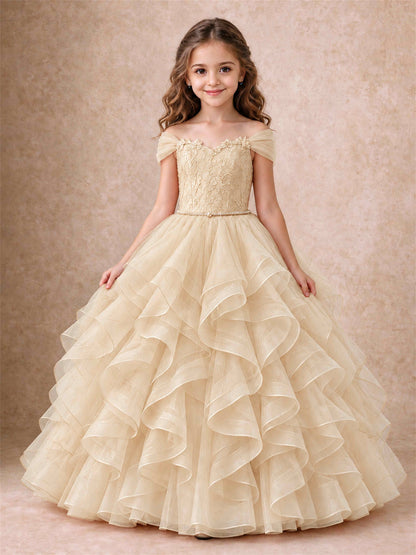 Off Shoulder Ruffle Tulle Girls Pageant Dress Lace Bodice Princess Gown With Pearl Belt