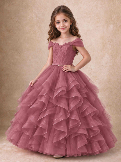 Off Shoulder Ruffle Tulle Girls Pageant Dress Lace Bodice Princess Gown With Pearl Belt