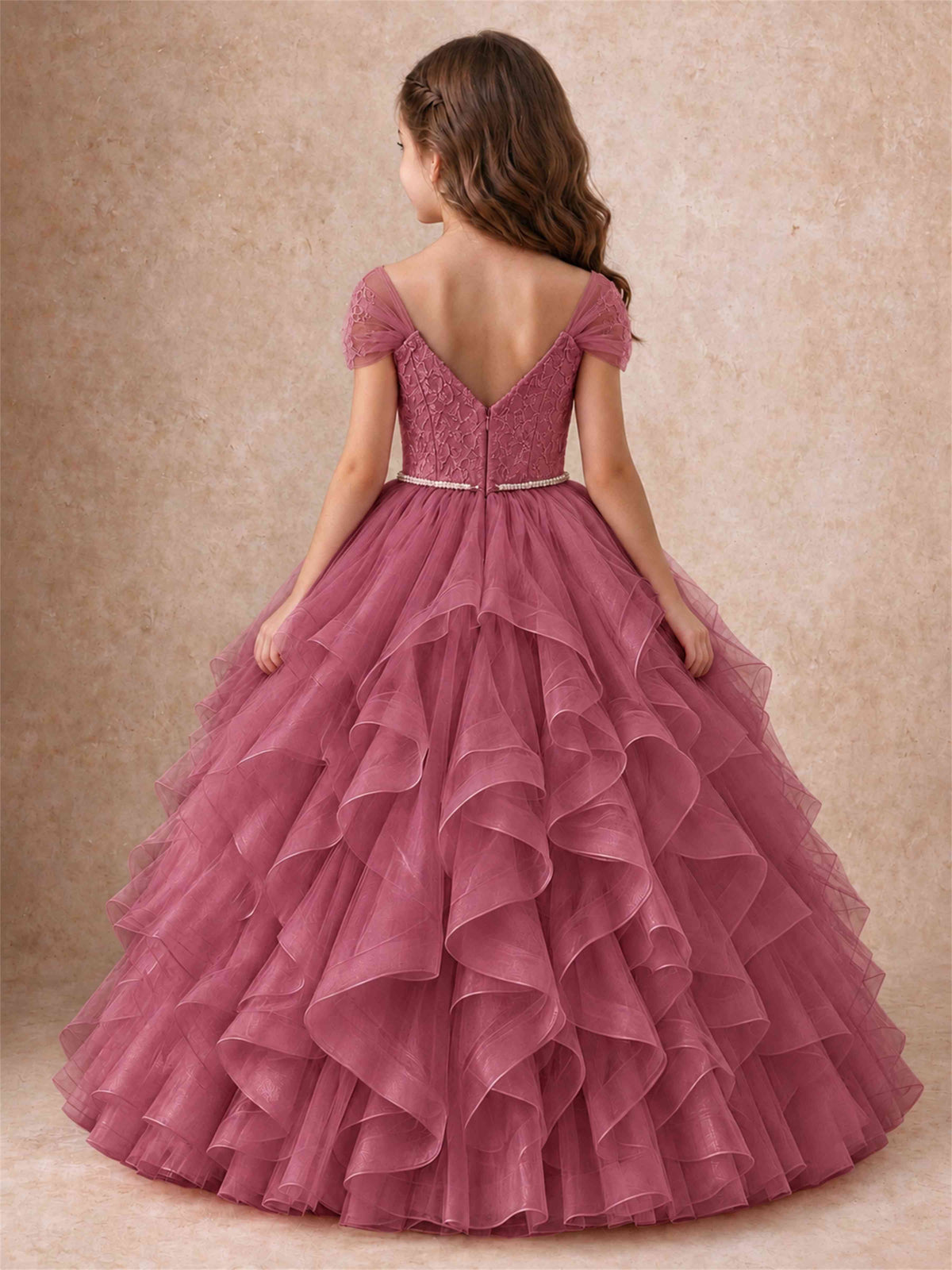 Off Shoulder Ruffle Tulle Girls Pageant Dress Lace Bodice Princess Gown With Pearl Belt