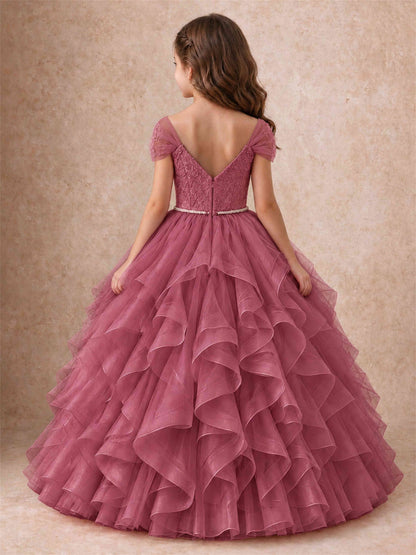 Off Shoulder Ruffle Tulle Girls Pageant Dress Lace Bodice Princess Gown With Pearl Belt