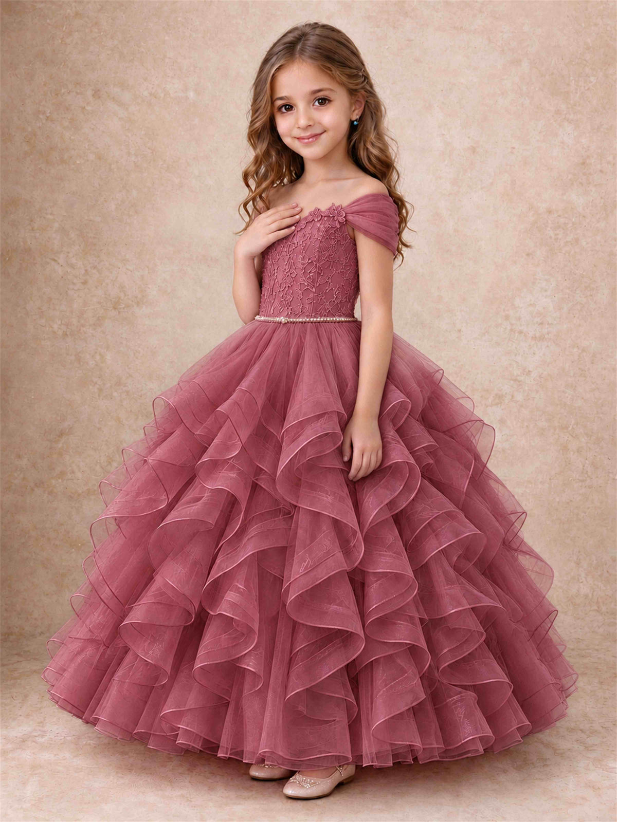 Off Shoulder Ruffle Tulle Girls Pageant Dress Lace Bodice Princess Gown With Pearl Belt