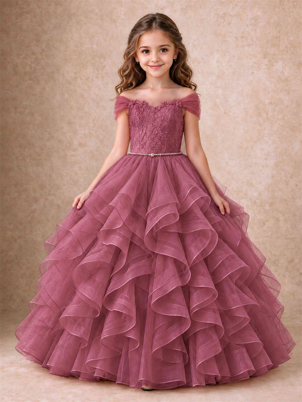 Off Shoulder Ruffle Tulle Girls Pageant Dress Lace Bodice Princess Gown With Pearl Belt
