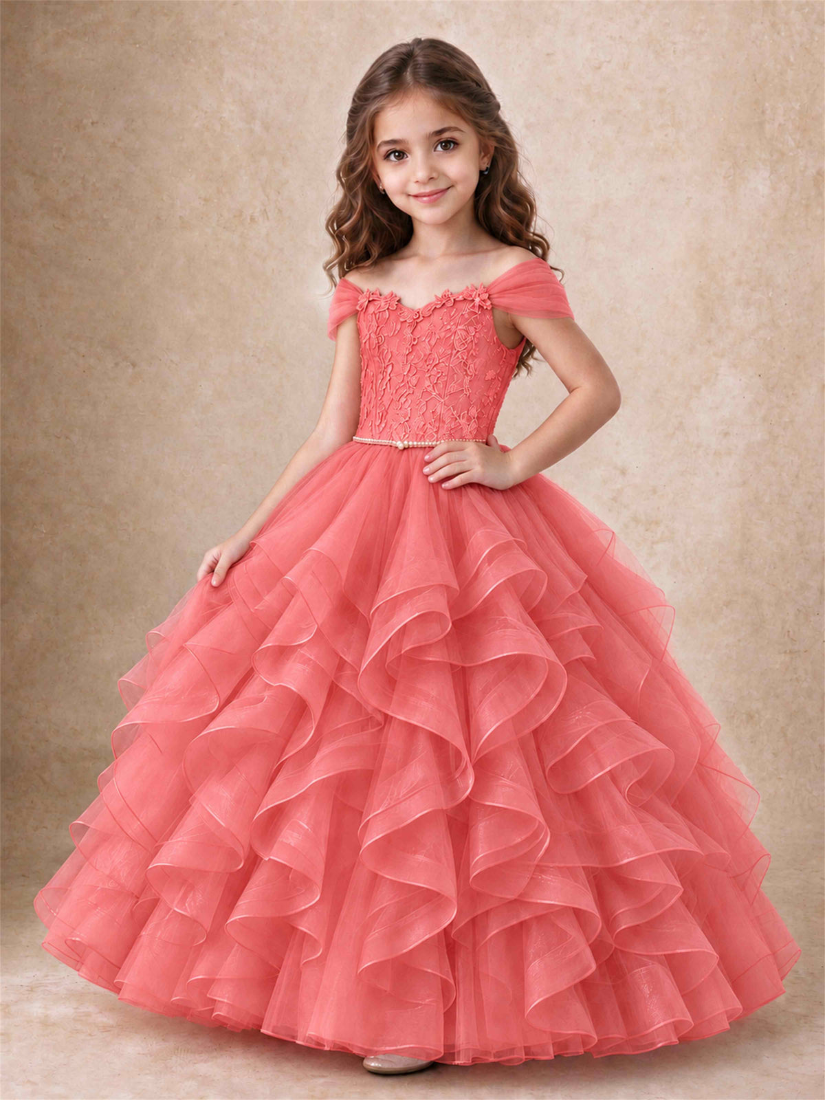 Off Shoulder Ruffle Tulle Girls Pageant Dress Lace Bodice Princess Gown With Pearl Belt
