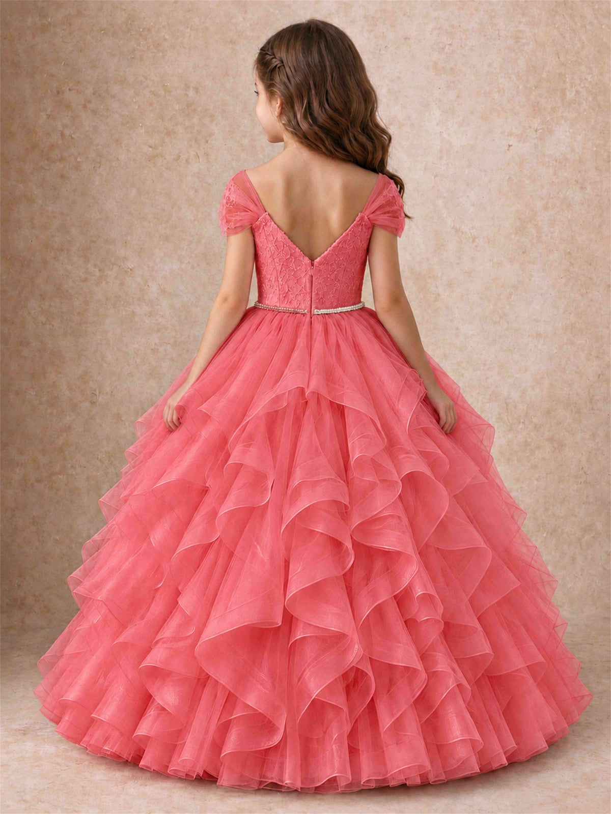 Off Shoulder Ruffle Tulle Girls Pageant Dress Lace Bodice Princess Gown With Pearl Belt