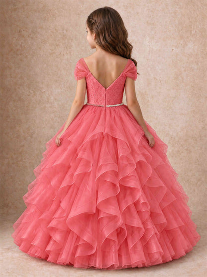 Off Shoulder Ruffle Tulle Girls Pageant Dress Lace Bodice Princess Gown With Pearl Belt