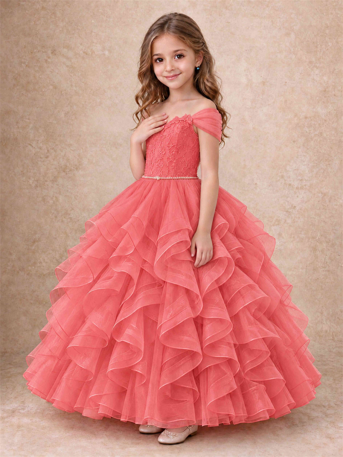 Off Shoulder Ruffle Tulle Girls Pageant Dress Lace Bodice Princess Gown With Pearl Belt