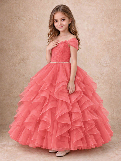 Off Shoulder Ruffle Tulle Girls Pageant Dress Lace Bodice Princess Gown With Pearl Belt