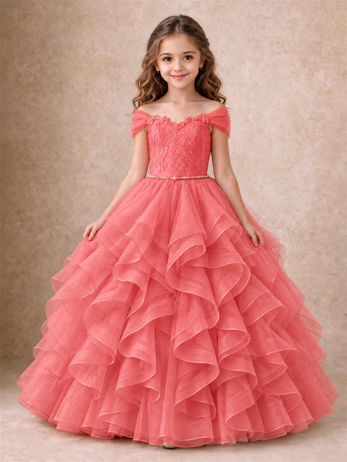 Off Shoulder Ruffle Tulle Girls Pageant Dress Lace Bodice Princess Gown With Pearl Belt