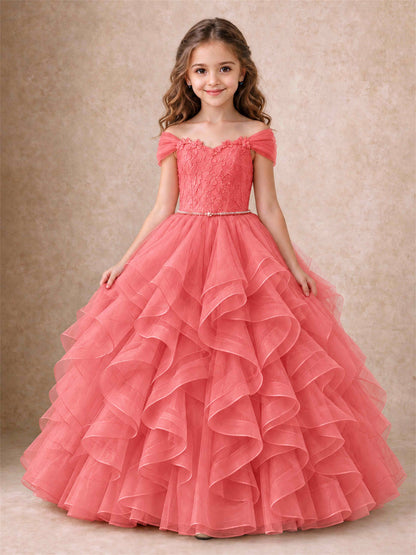 Off Shoulder Ruffle Tulle Girls Pageant Dress Lace Bodice Princess Gown With Pearl Belt