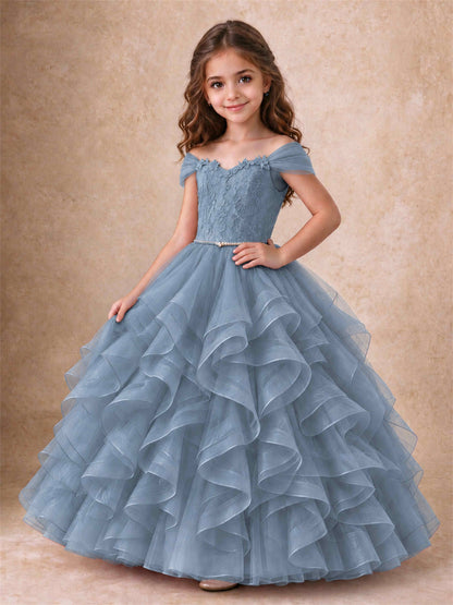 Off Shoulder Ruffle Tulle Girls Pageant Dress Lace Bodice Princess Gown With Pearl Belt