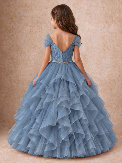 Off Shoulder Ruffle Tulle Girls Pageant Dress Lace Bodice Princess Gown With Pearl Belt