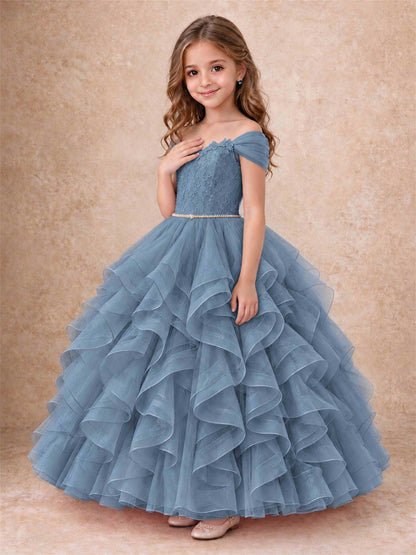 Off Shoulder Ruffle Tulle Girls Pageant Dress Lace Bodice Princess Gown With Pearl Belt