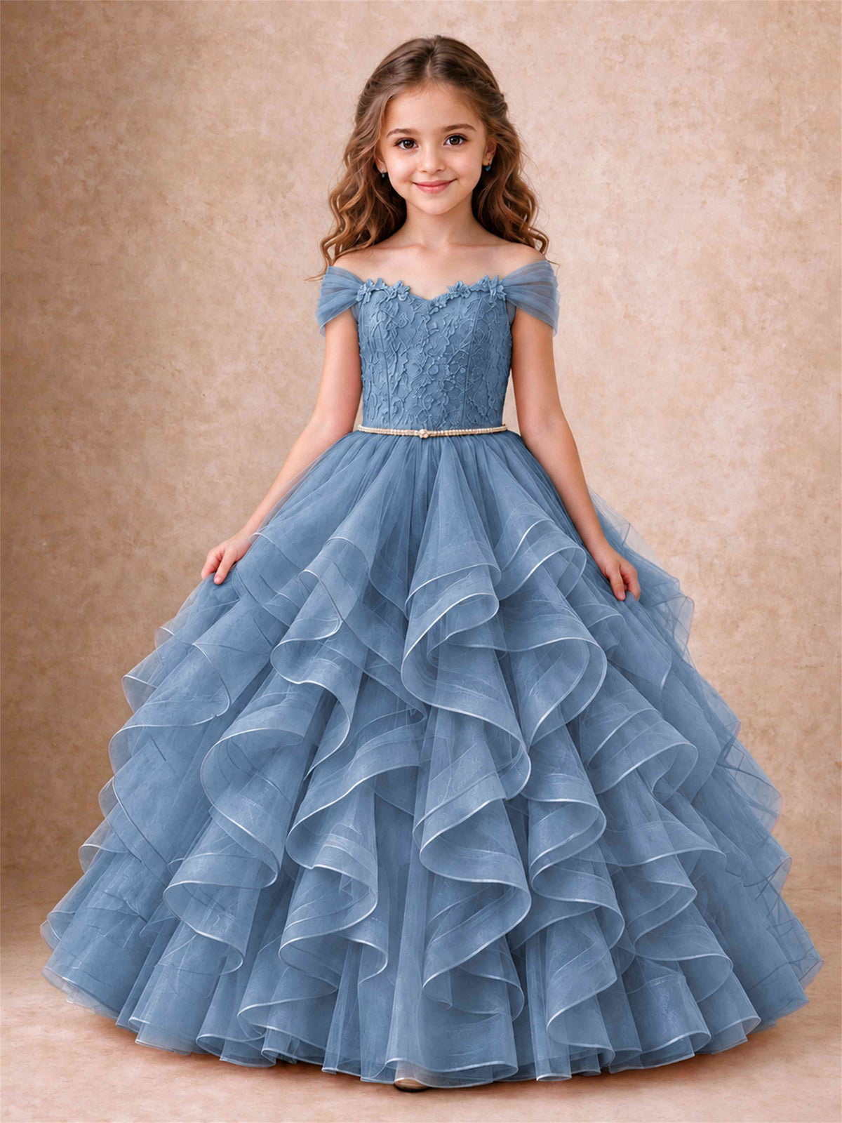 Off Shoulder Ruffle Tulle Girls Pageant Dress Lace Bodice Princess Gown With Pearl Belt