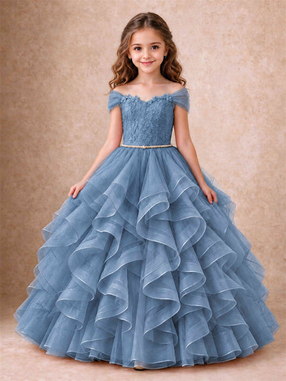 Off Shoulder Ruffle Tulle Girls Pageant Dress Lace Bodice Princess Gown With Pearl Belt