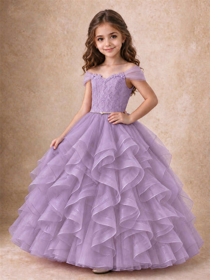 Off Shoulder Ruffle Tulle Girls Pageant Dress Lace Bodice Princess Gown With Pearl Belt