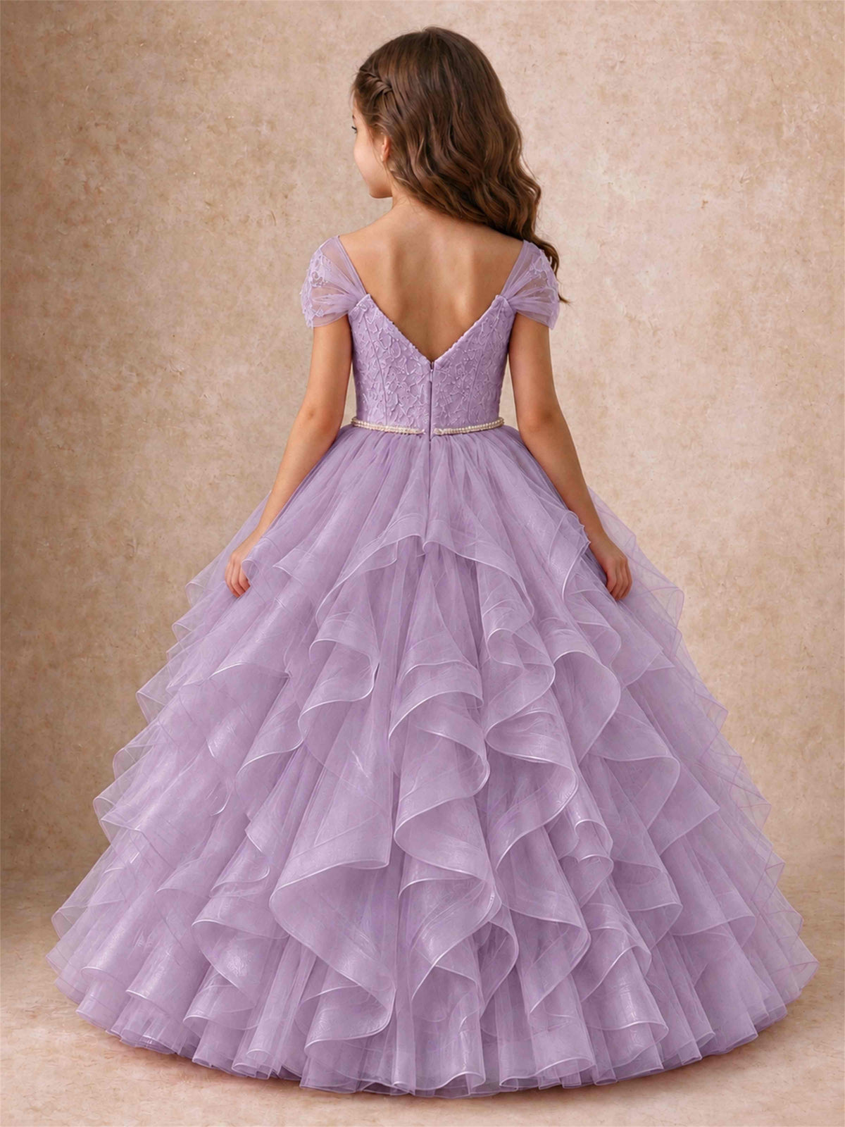 Off Shoulder Ruffle Tulle Girls Pageant Dress Lace Bodice Princess Gown With Pearl Belt