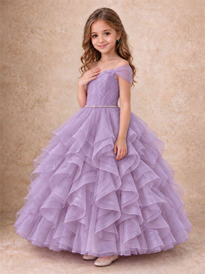 Off Shoulder Ruffle Tulle Girls Pageant Dress Lace Bodice Princess Gown With Pearl Belt