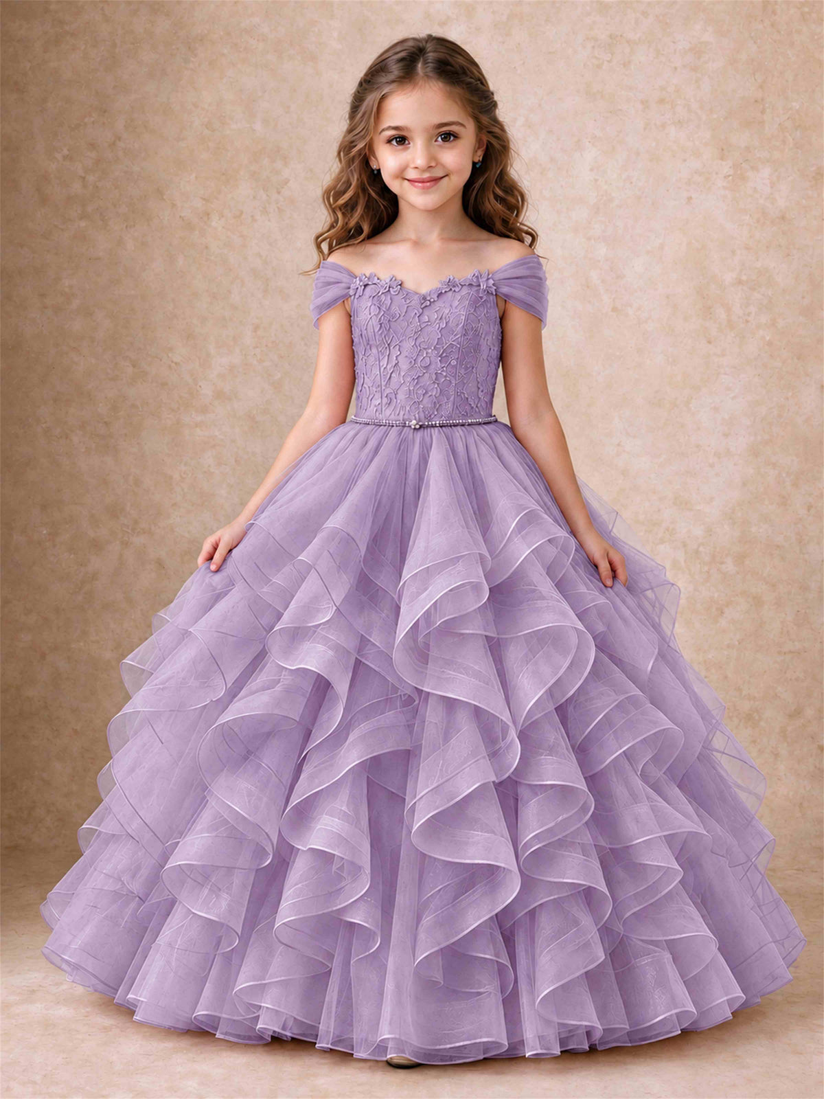 Off Shoulder Ruffle Tulle Girls Pageant Dress Lace Bodice Princess Gown With Pearl Belt