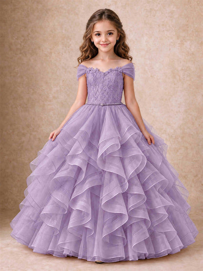 Off Shoulder Ruffle Tulle Girls Pageant Dress Lace Bodice Princess Gown With Pearl Belt