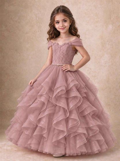 Off Shoulder Ruffle Tulle Girls Pageant Dress Lace Bodice Princess Gown With Pearl Belt