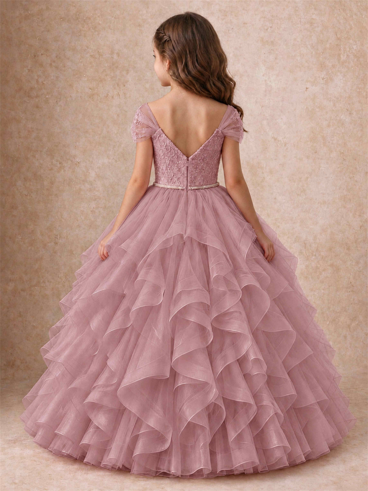 Off Shoulder Ruffle Tulle Girls Pageant Dress Lace Bodice Princess Gown With Pearl Belt