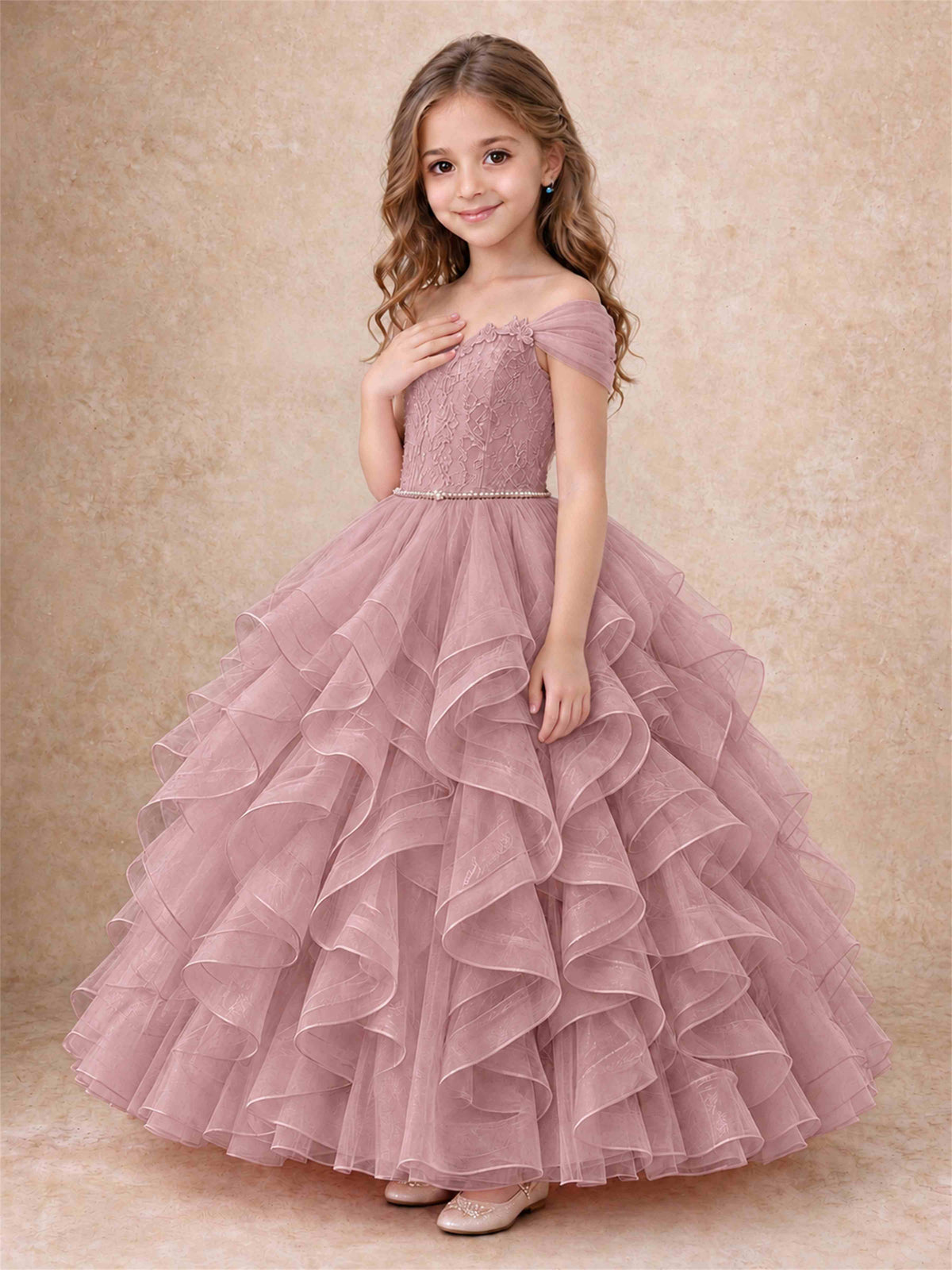 Off Shoulder Ruffle Tulle Girls Pageant Dress Lace Bodice Princess Gown With Pearl Belt