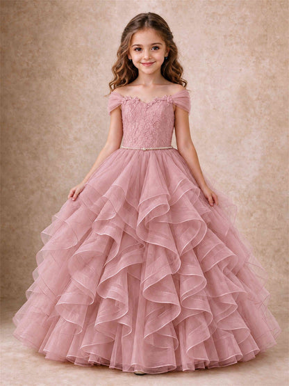 Off Shoulder Ruffle Tulle Girls Pageant Dress Lace Bodice Princess Gown With Pearl Belt