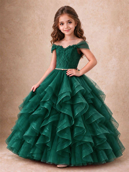 Off Shoulder Ruffle Tulle Girls Pageant Dress Lace Bodice Princess Gown With Pearl Belt