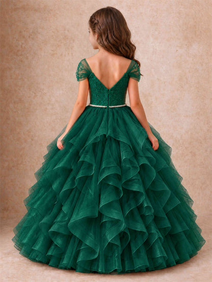 Off Shoulder Ruffle Tulle Girls Pageant Dress Lace Bodice Princess Gown With Pearl Belt