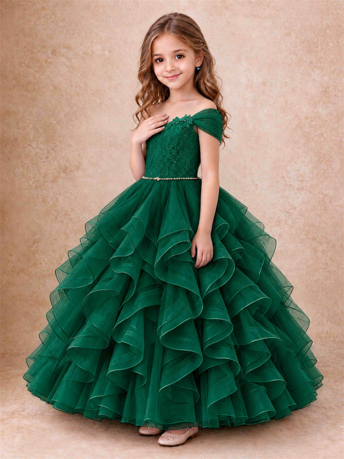 Off Shoulder Ruffle Tulle Girls Pageant Dress Lace Bodice Princess Gown With Pearl Belt