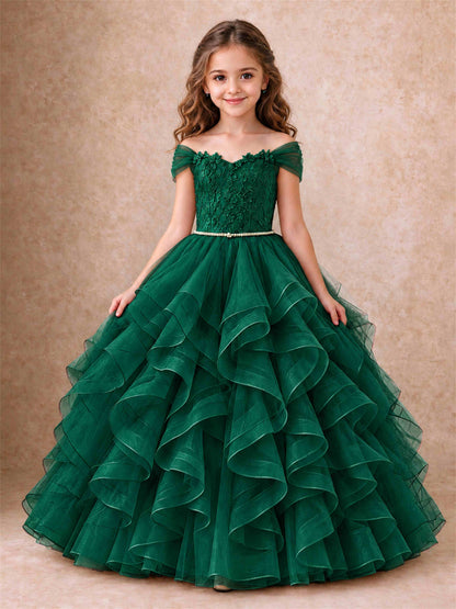 Off Shoulder Ruffle Tulle Girls Pageant Dress Lace Bodice Princess Gown With Pearl Belt