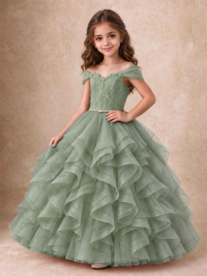 Off Shoulder Ruffle Tulle Girls Pageant Dress Lace Bodice Princess Gown With Pearl Belt