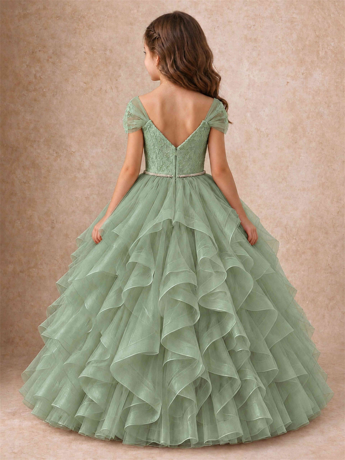 Off Shoulder Ruffle Tulle Girls Pageant Dress Lace Bodice Princess Gown With Pearl Belt