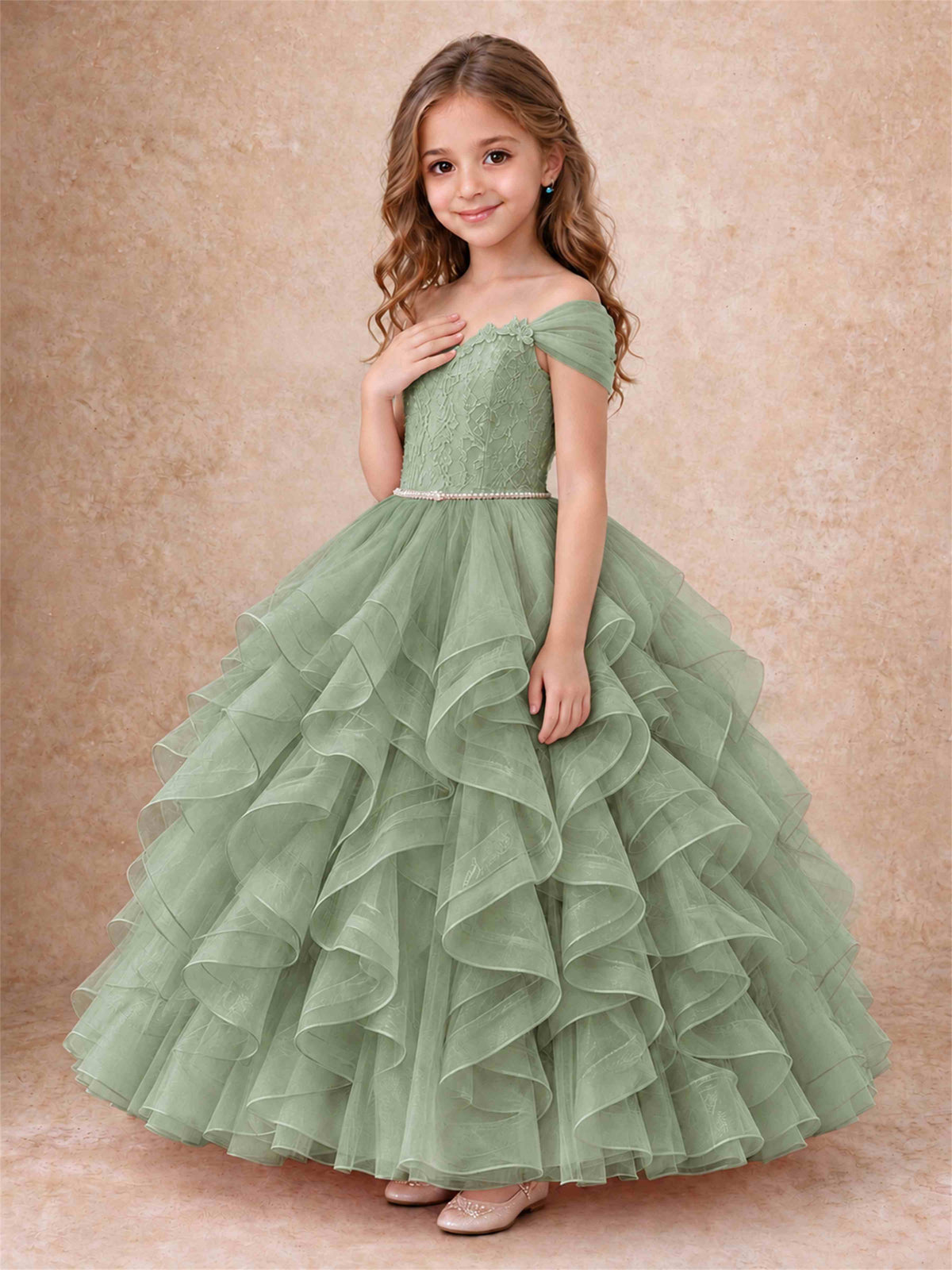 Off Shoulder Ruffle Tulle Girls Pageant Dress Lace Bodice Princess Gown With Pearl Belt
