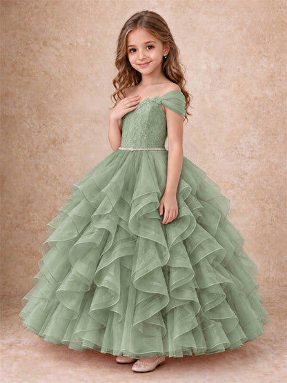 Off Shoulder Ruffle Tulle Girls Pageant Dress Lace Bodice Princess Gown With Pearl Belt