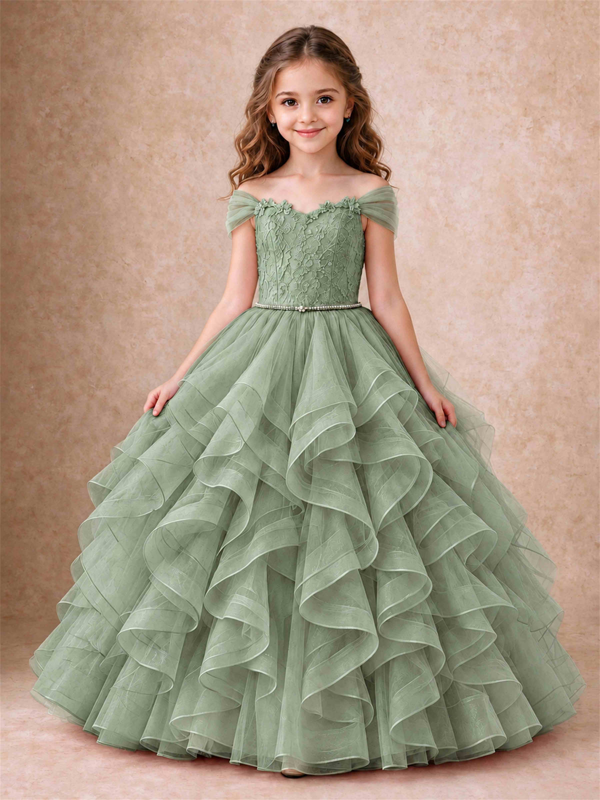 Off Shoulder Ruffle Tulle Girls Pageant Dress Lace Bodice Princess Gown With Pearl Belt