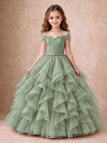 Off Shoulder Ruffle Tulle Girls Pageant Dress Lace Bodice Princess Gown With Pearl Belt