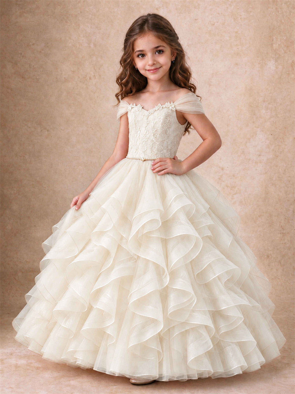Off Shoulder Ruffle Tulle Girls Pageant Dress Lace Bodice Princess Gown With Pearl Belt