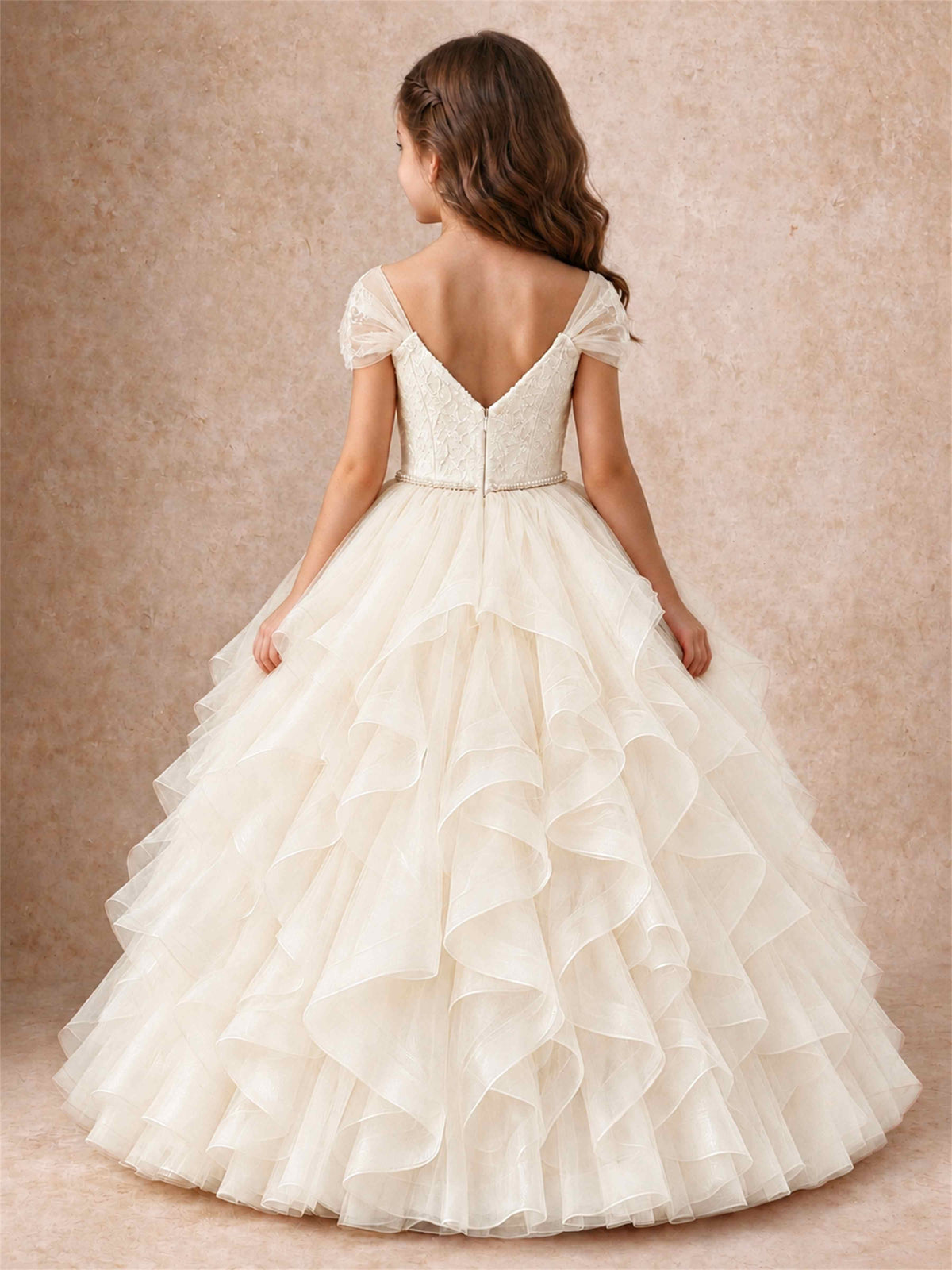 Off Shoulder Ruffle Tulle Girls Pageant Dress Lace Bodice Princess Gown With Pearl Belt