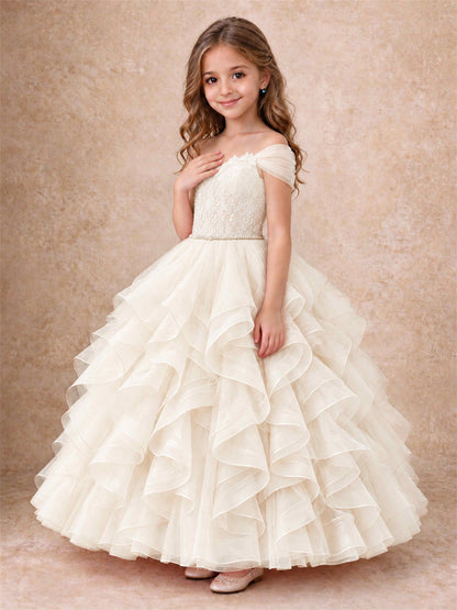 Off Shoulder Ruffle Tulle Girls Pageant Dress Lace Bodice Princess Gown With Pearl Belt
